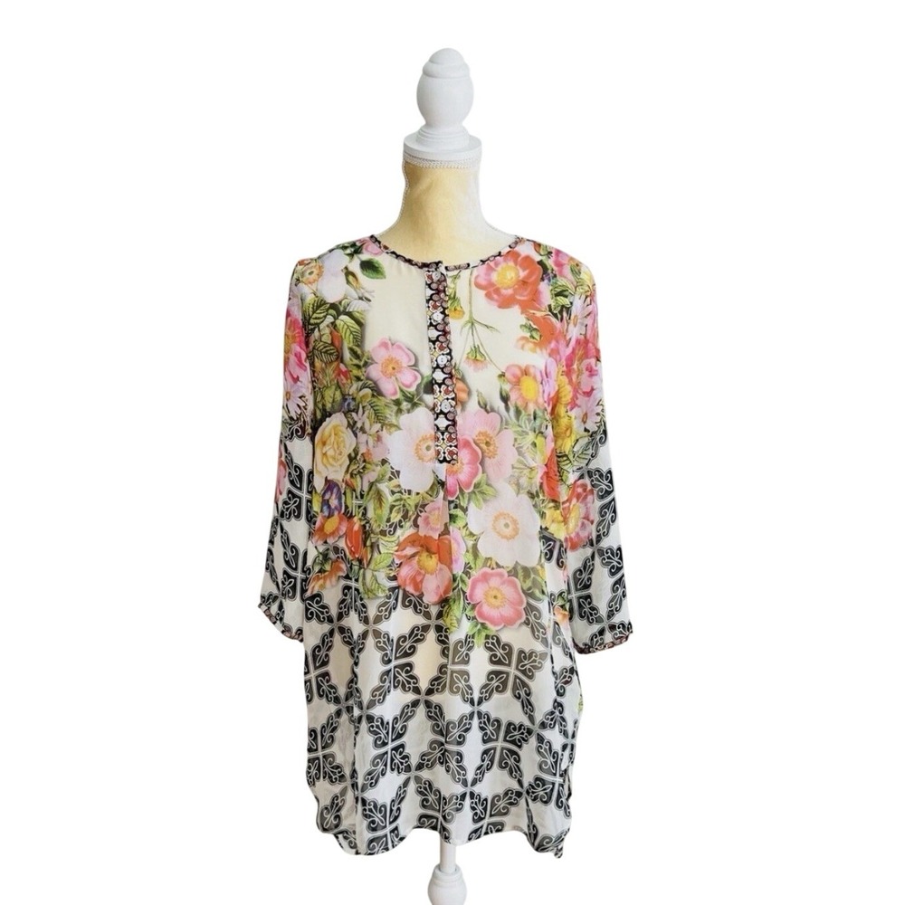 Soft Surroundings Womens XS Floral Geometric Mixed Print Tunic Blouse 3/4 Sleeve